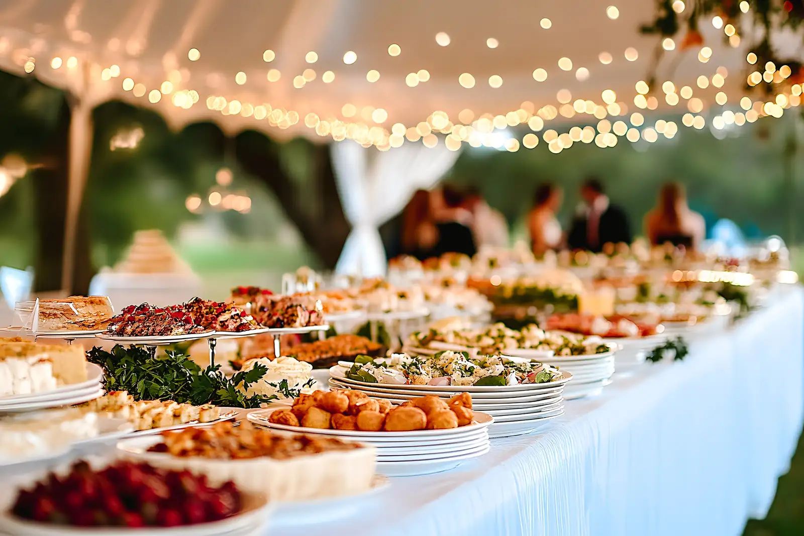 Longue table de buffet dressée sous une tente ornée de guirlandes lumineuses, invités flous en arrière-plan