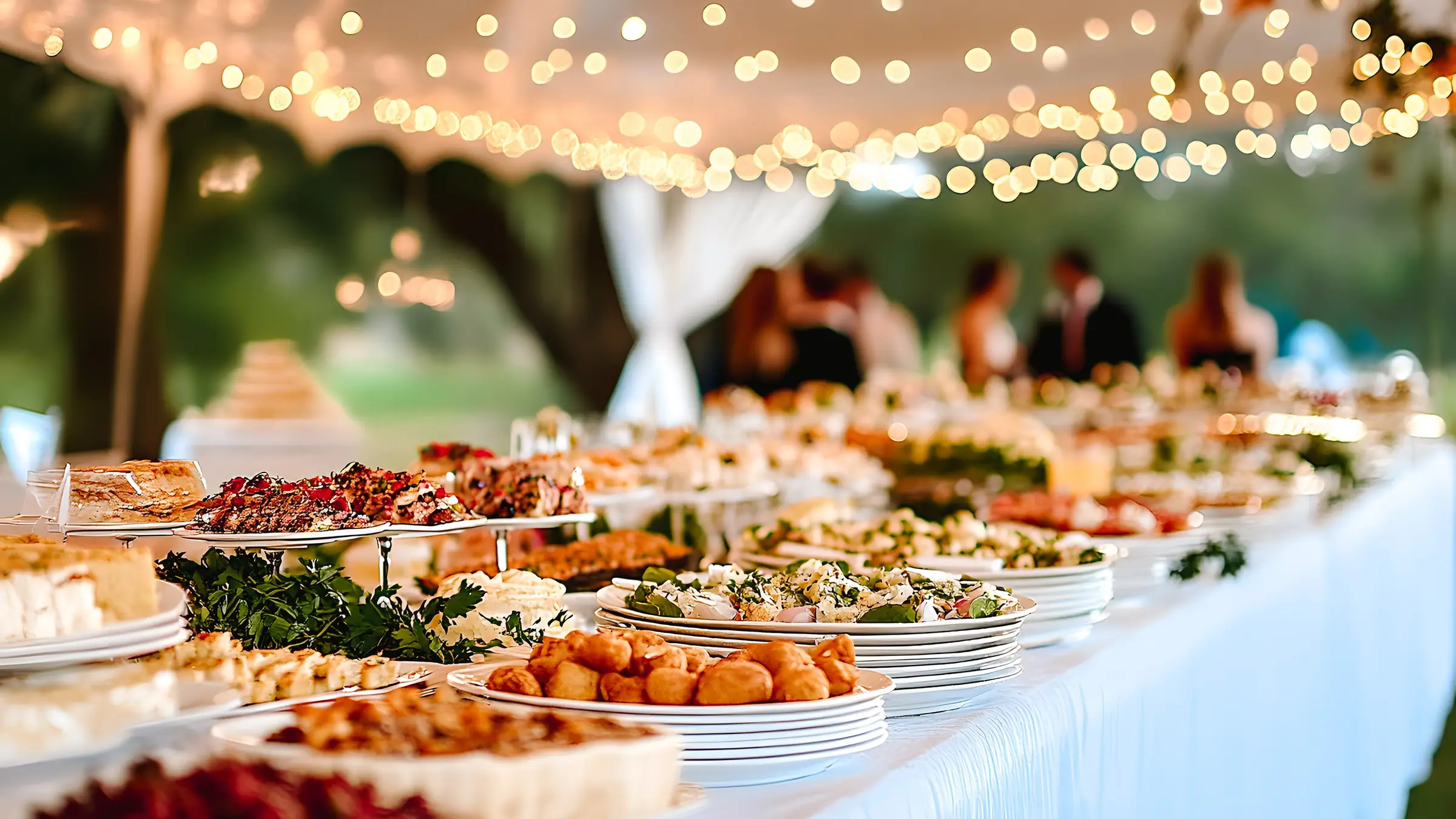 Longue table de buffet dressée sous une tente ornée de guirlandes lumineuses, invités flous en arrière-plan