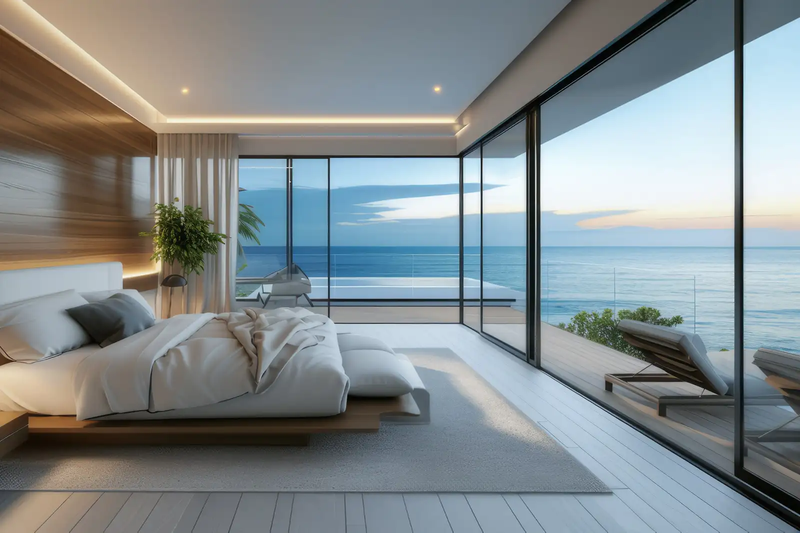 Chambre contemporaine au lit blanc, ouverte par de grandes baies vitrées sur la mer