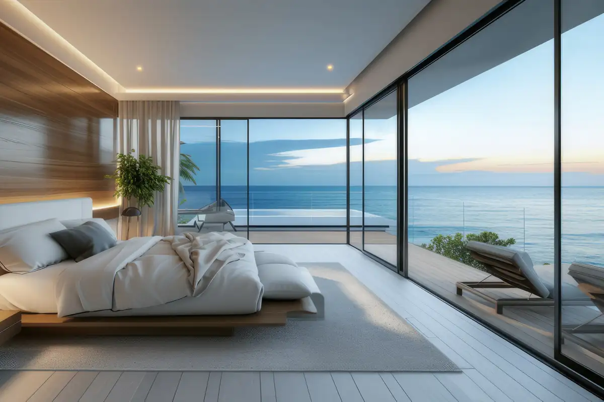Chambre contemporaine au lit blanc, ouverte par de grandes baies vitrées sur la mer