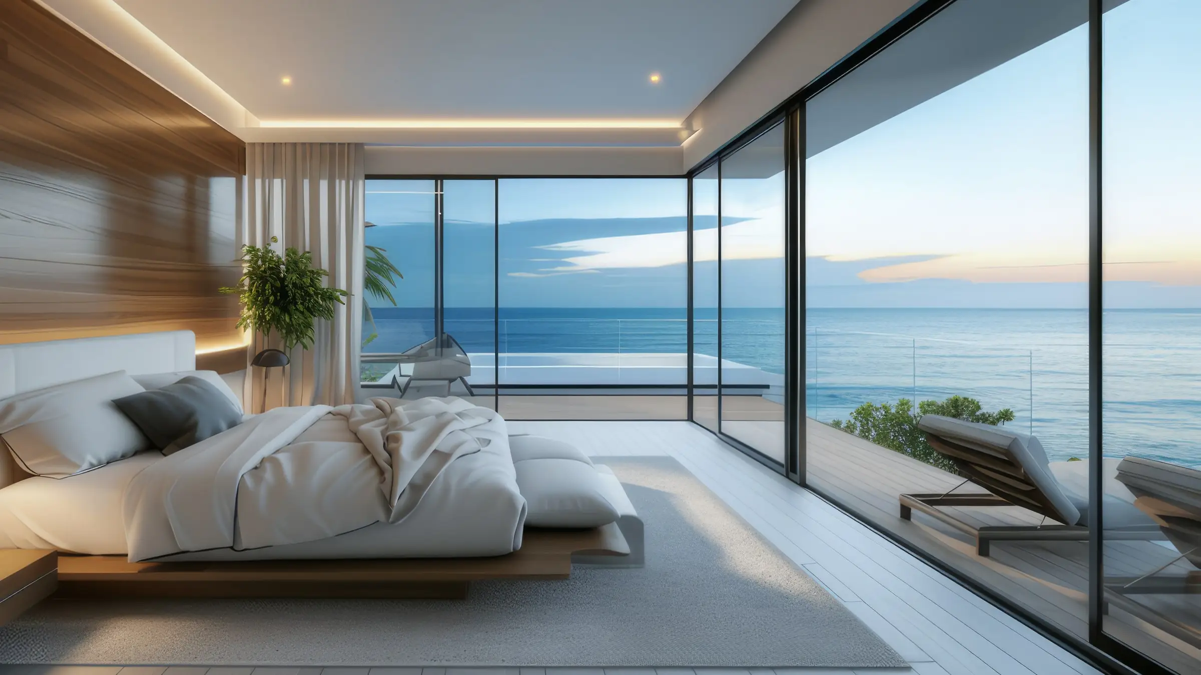 Chambre contemporaine au lit blanc, ouverte par de grandes baies vitrées sur la mer