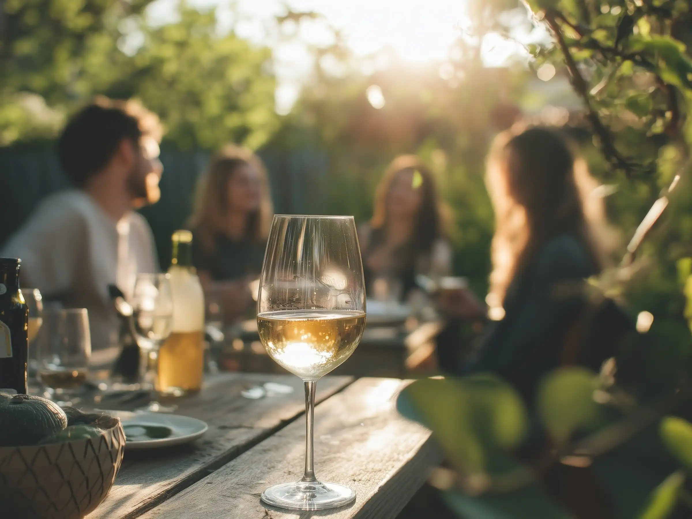 Amis attablés dehors, verres de vin blanc, dans la lumière dorée de fin de journée