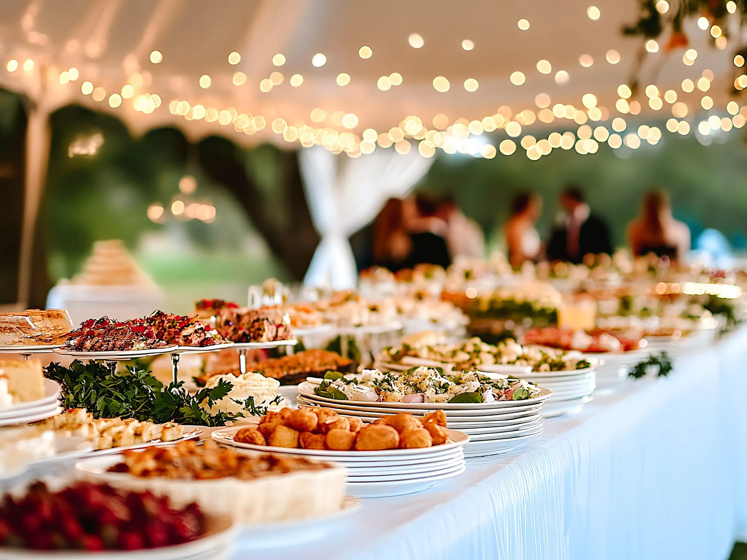 Longue table dressée dans un jardin sous une guirlande lumineuse, invités en arrière-plan
