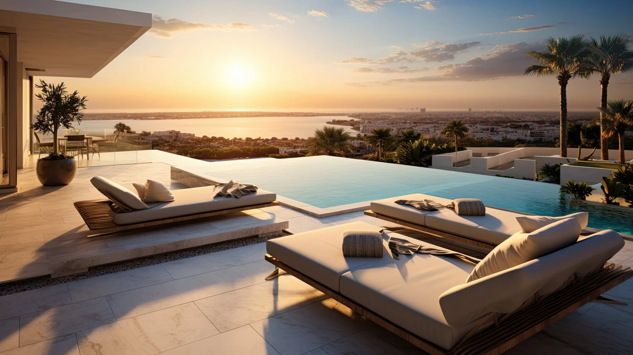 Terrasse et piscine à débordement face à la mer au soleil couchant, deux lits de repos au premier plan