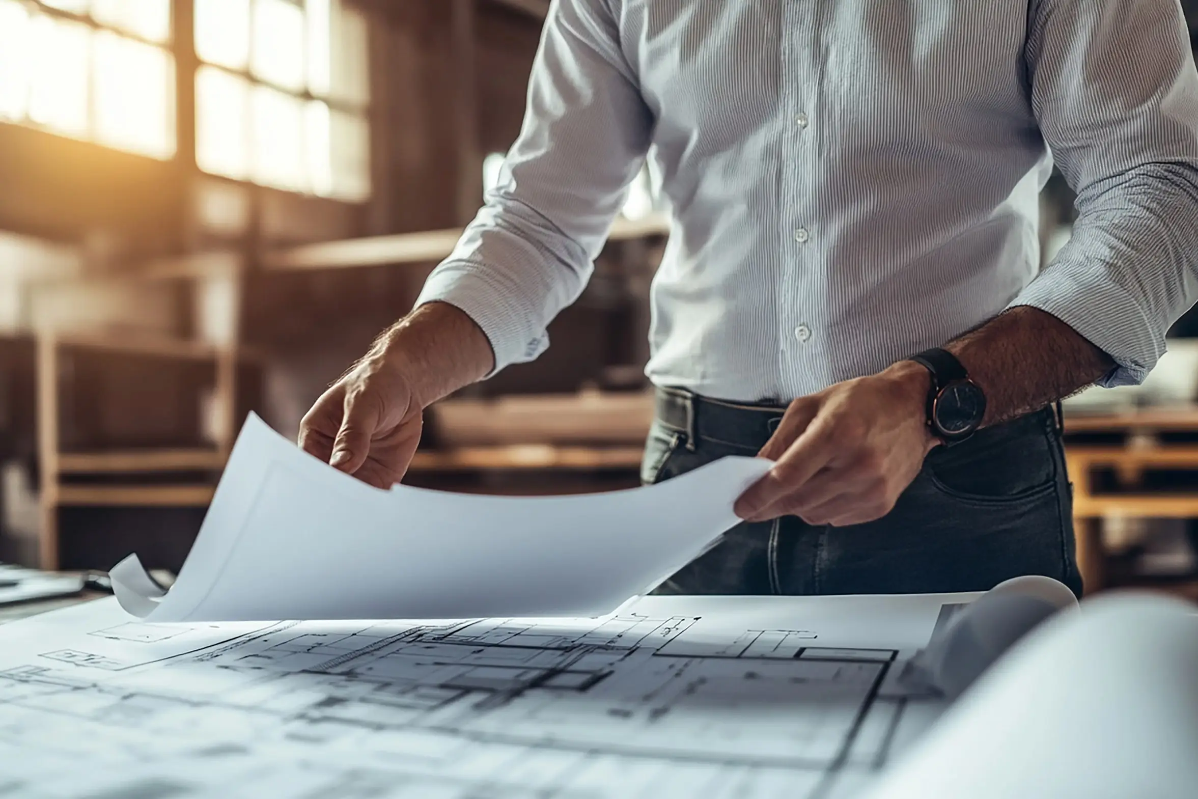 Homme en chemise qui déroule des plans d’architecture sur une table de travail, dans une lumière chaude