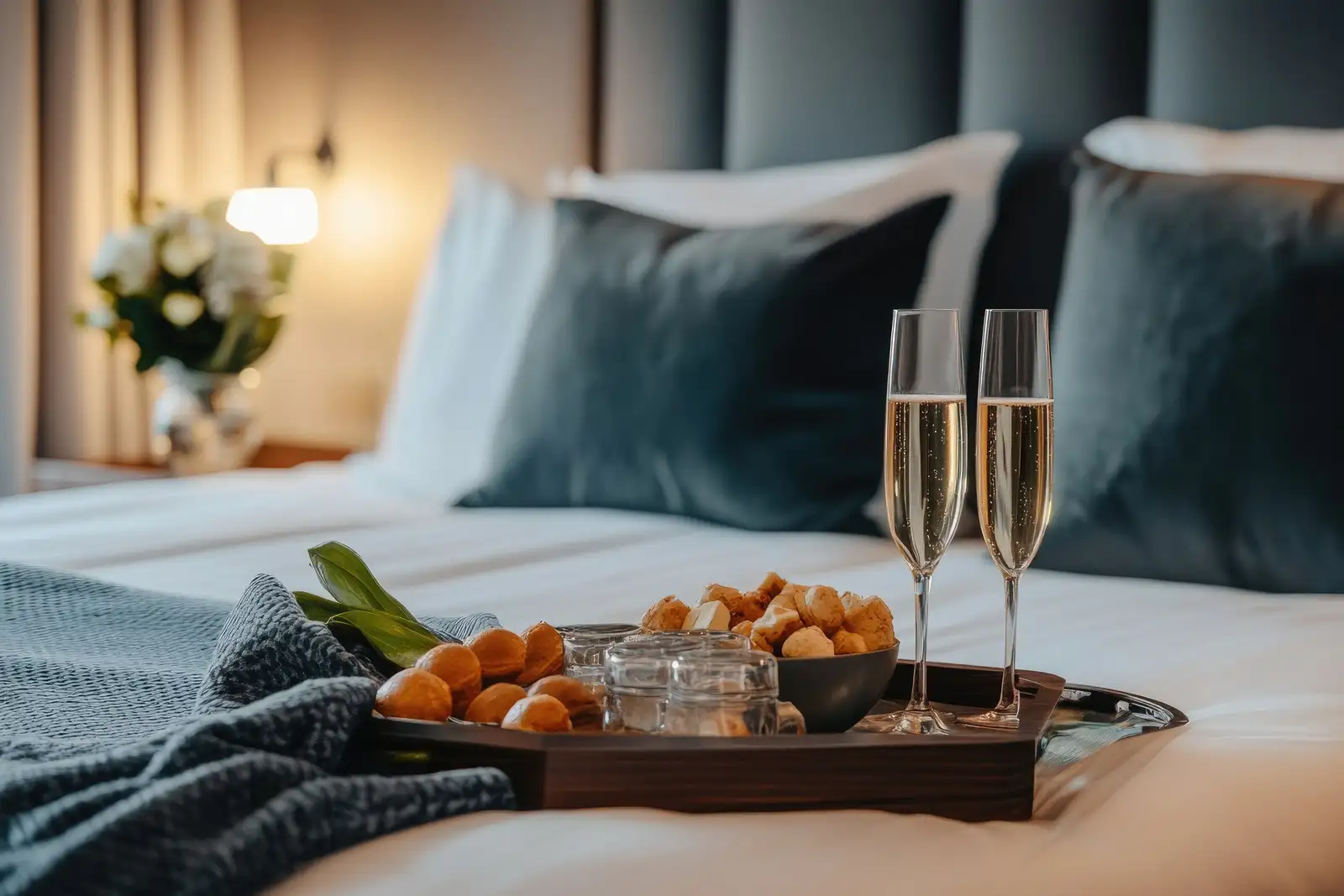 Plateau d’attentions posé sur un lit blanc : deux flûtes de champagne, des fruits et des bouchées, un bouquet de fleurs blanches