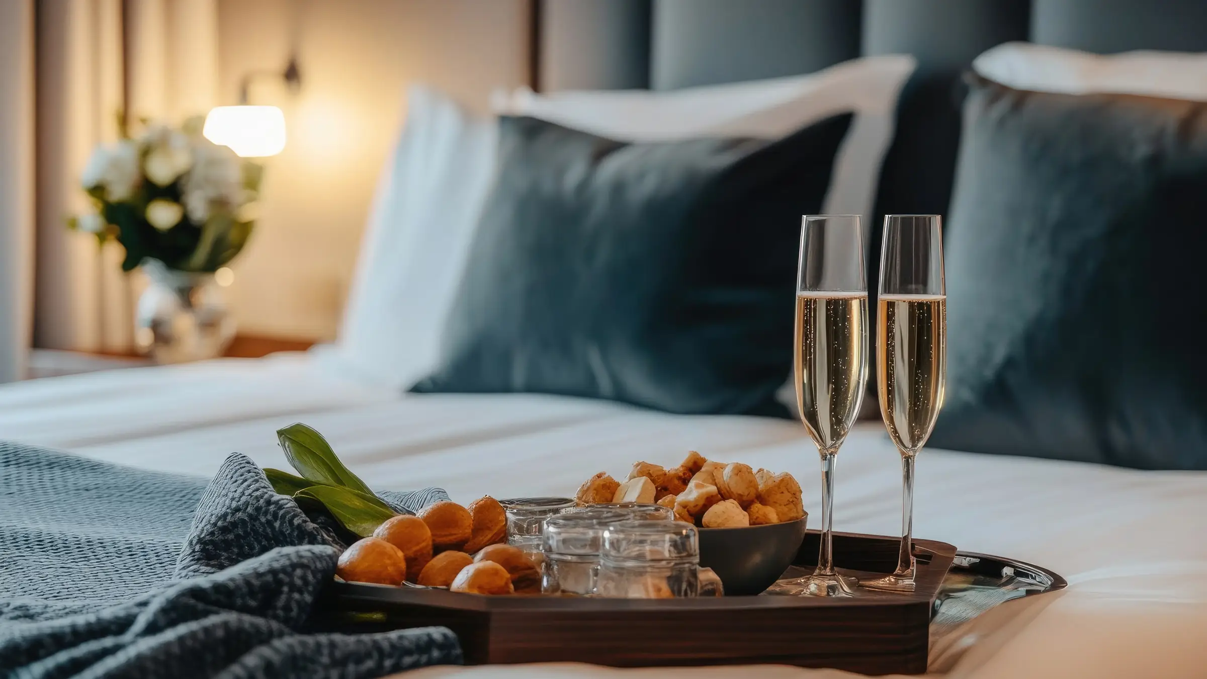 Plateau d’attentions posé sur un lit blanc : deux flûtes de champagne, des fruits et des bouchées, un bouquet de fleurs blanches