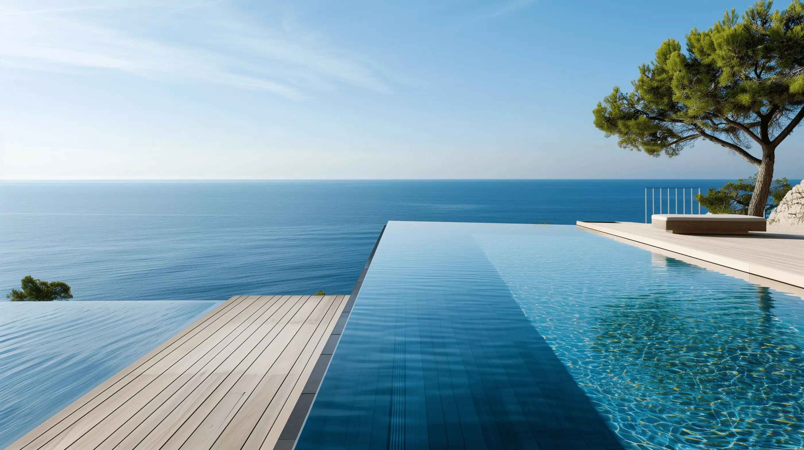 Piscine à débordement qui se fond dans la mer, terrasse en bois clair et pin sous un ciel dégagé