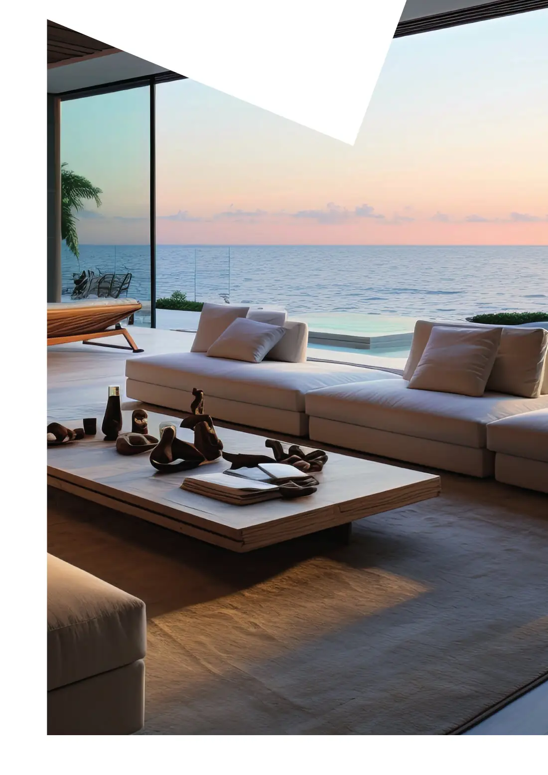 Double page du magazine : salon ouvert sur la mer au coucher du soleil, et le sommaire
