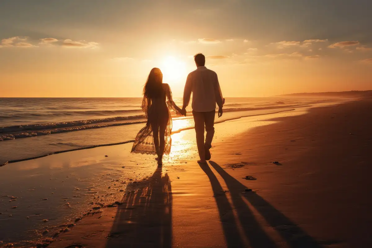 Un couple marche main dans la main sur une plage de sable au coucher du soleil