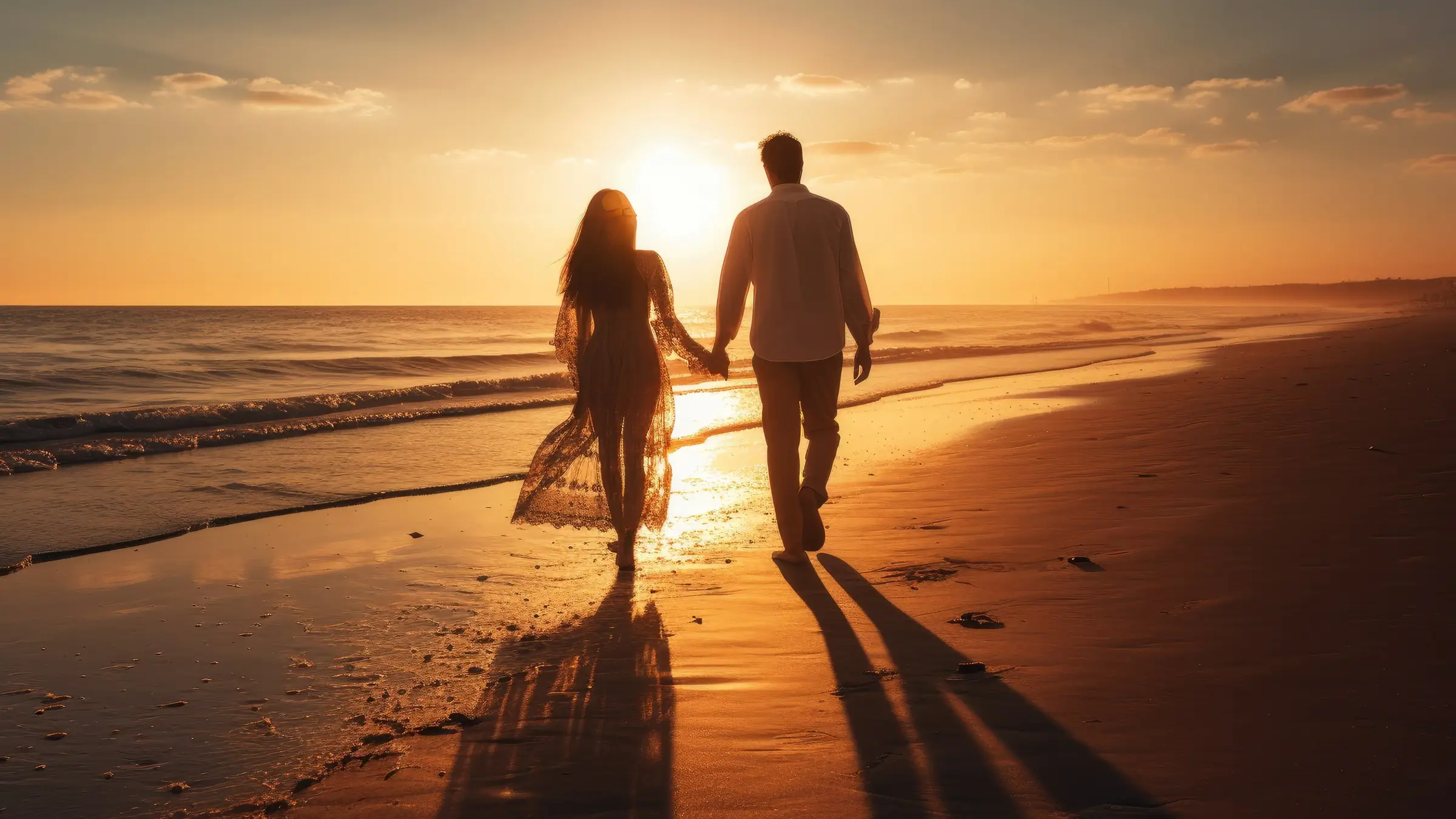 Un couple marche main dans la main sur une plage de sable au coucher du soleil