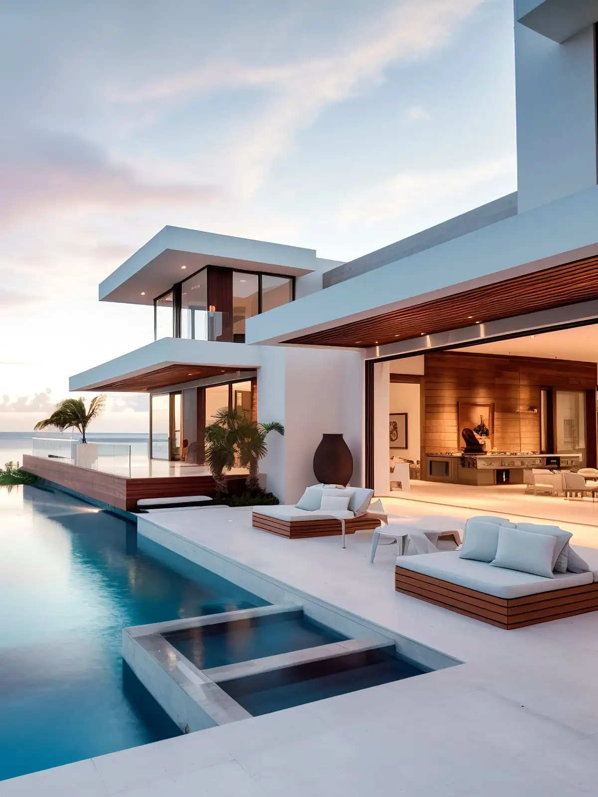 Villa blanche aux lignes contemporaines, piscine à débordement face à la mer, au crépuscule