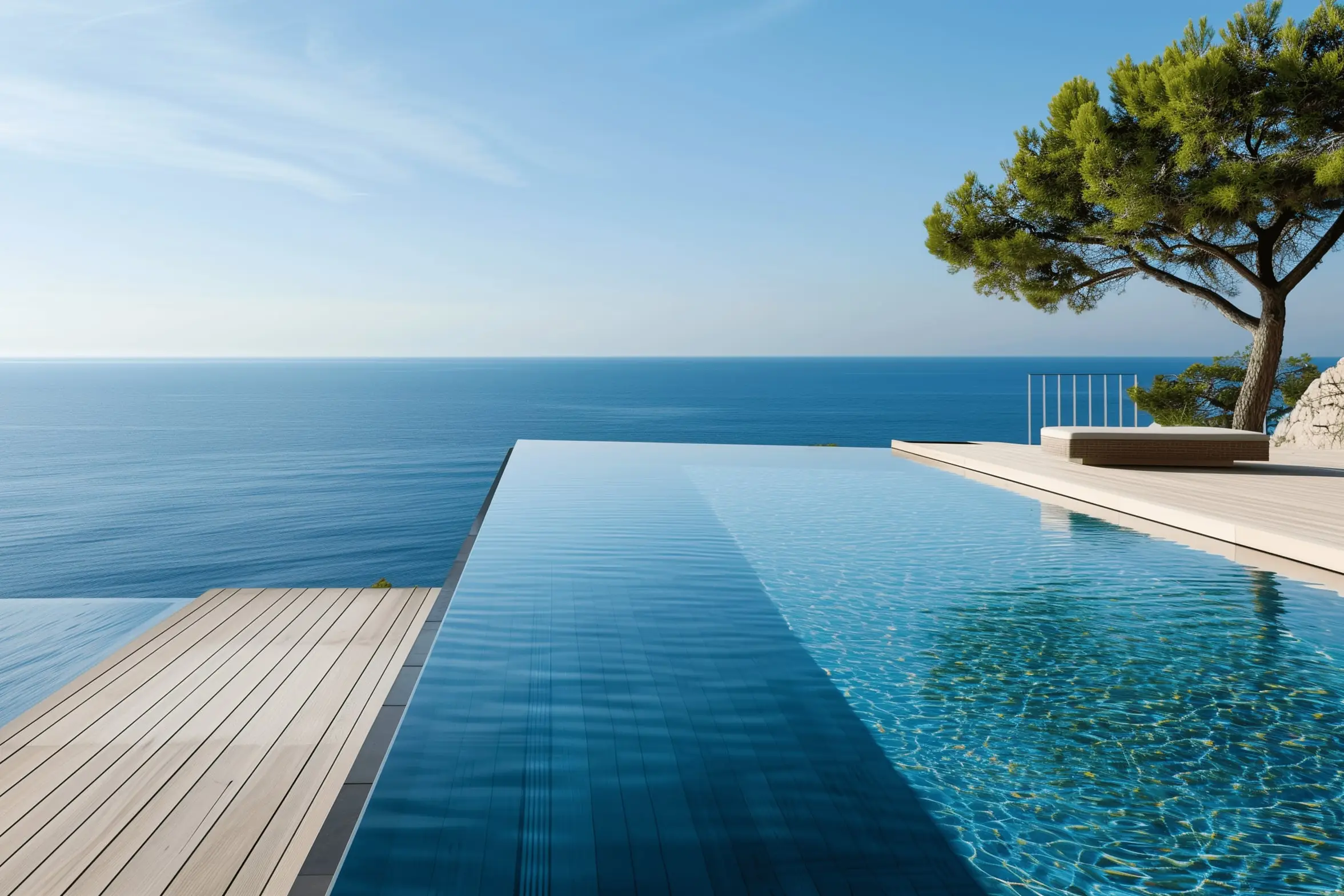 Piscine à débordement et terrasse en bois face à la mer, un pin parasol sous un ciel clair