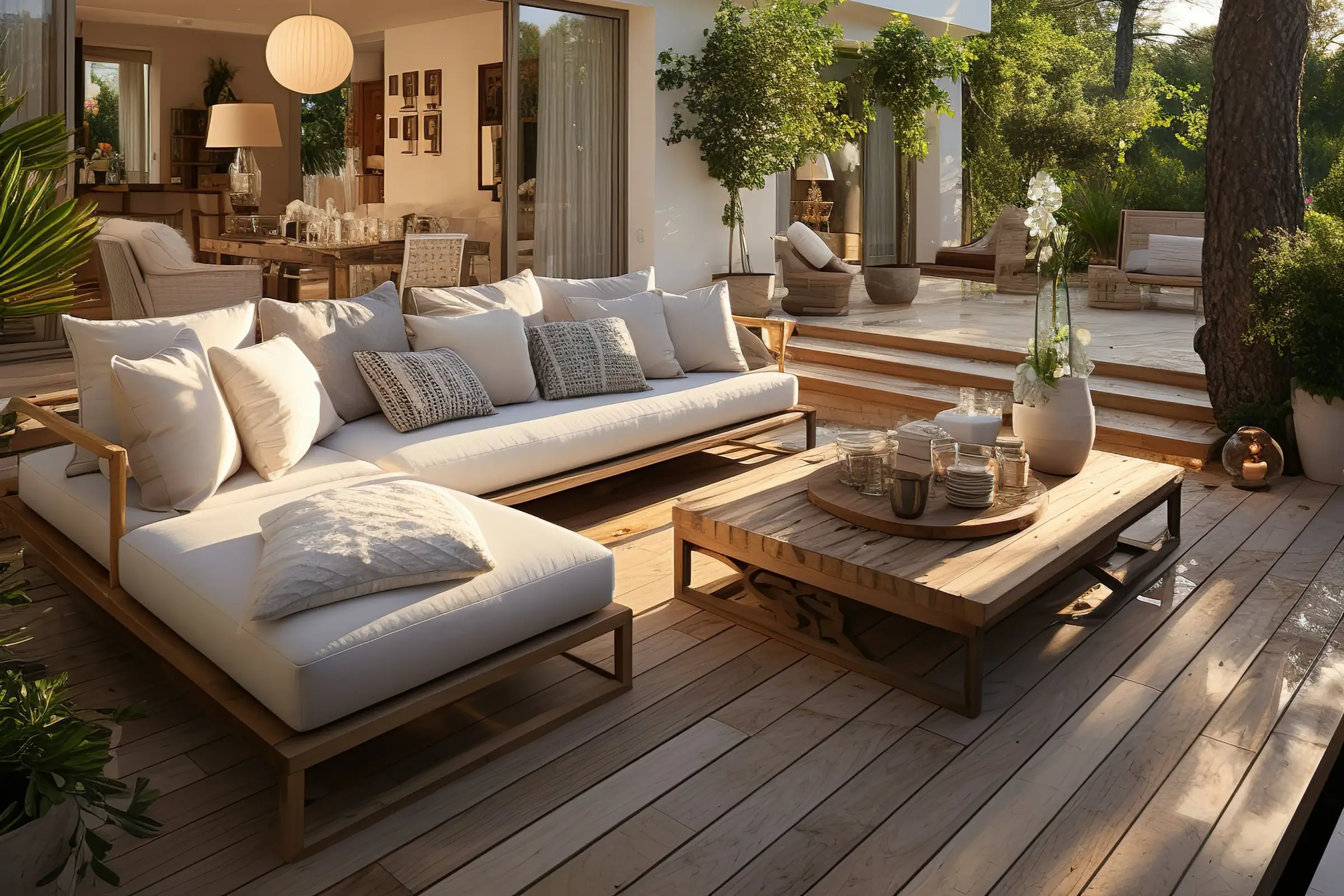 Terrasse en bois d’une maison blanche, canapés clairs et table basse sous les pins, dans la lumière dorée du soir