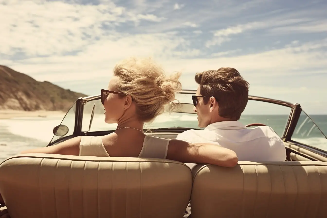 Un couple dans un cabriolet ancien, vu de dos, face à une plage et à la mer