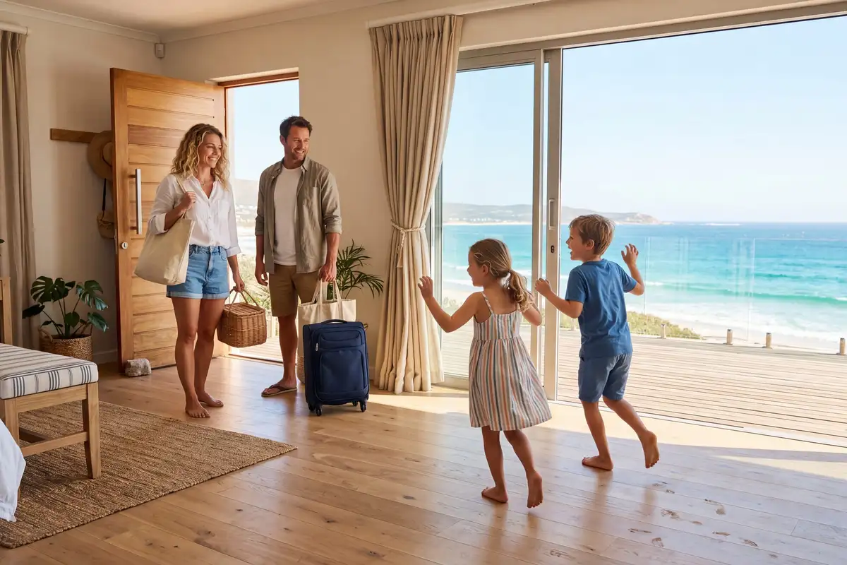 Une famille arrive avec ses bagages dans une chambre lumineuse ouverte sur la mer, les enfants courent vers la terrasse