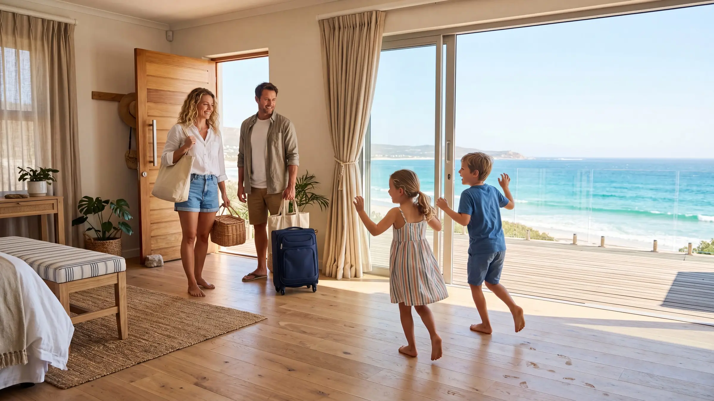 Une famille arrive avec ses bagages dans une chambre lumineuse ouverte sur la mer, les enfants courent vers la terrasse