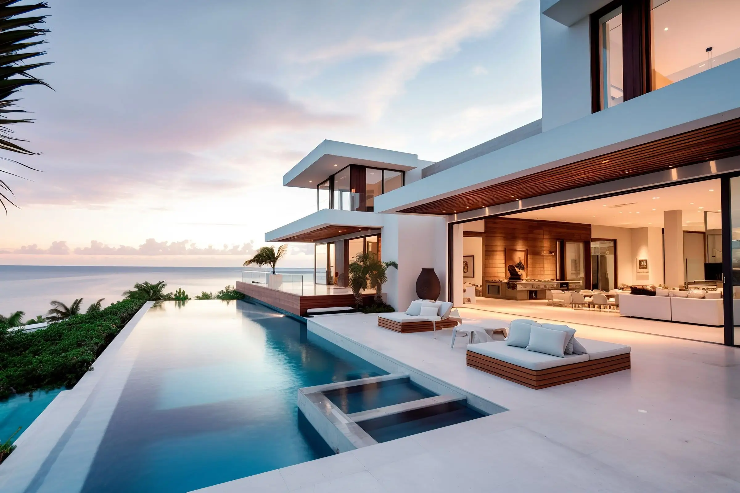 Terrasse et piscine à débordement d’une villa face à la mer, au crépuscule