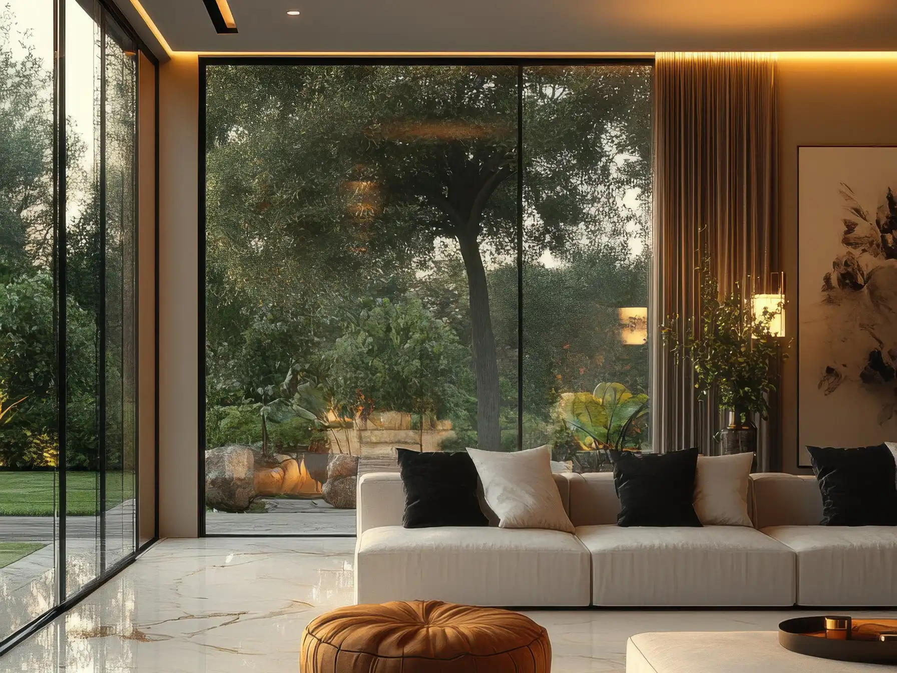 Un salon lumineux aux grandes baies vitrées ouvertes sur un jardin d’oliviers, canapé clair et sol de marbre, à la tombée du jour